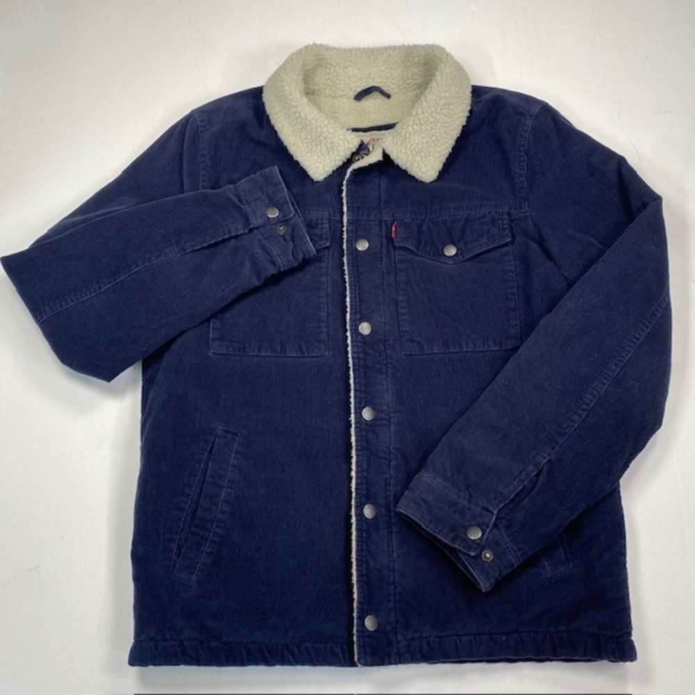 Levi Strauss Mens Navy Blue Corduroy Sherpa Lined Trucker Jacket Small S - Picture 3 of 12